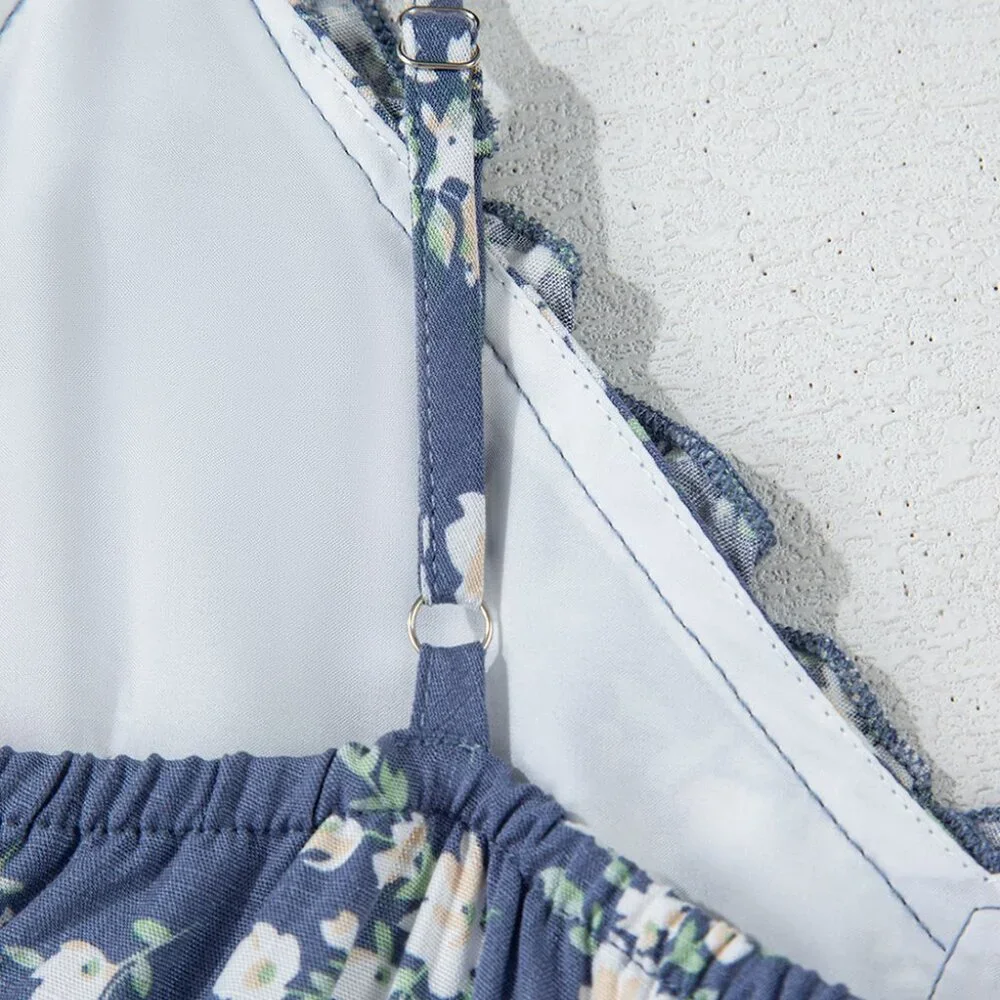 B266 Blue Floral Spaghetti Strap Frilled V Neck Tiered Midi Dress - Picture 13 of 16